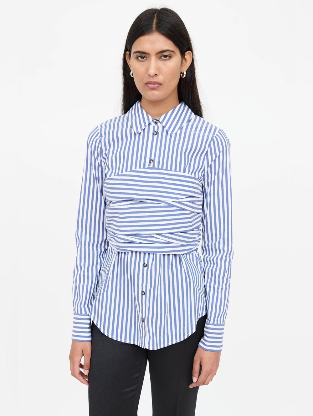 Veronica Beard Moonlight Baylor Striped Button-Front Bustier Combo Shirt - Picture 2 of 15